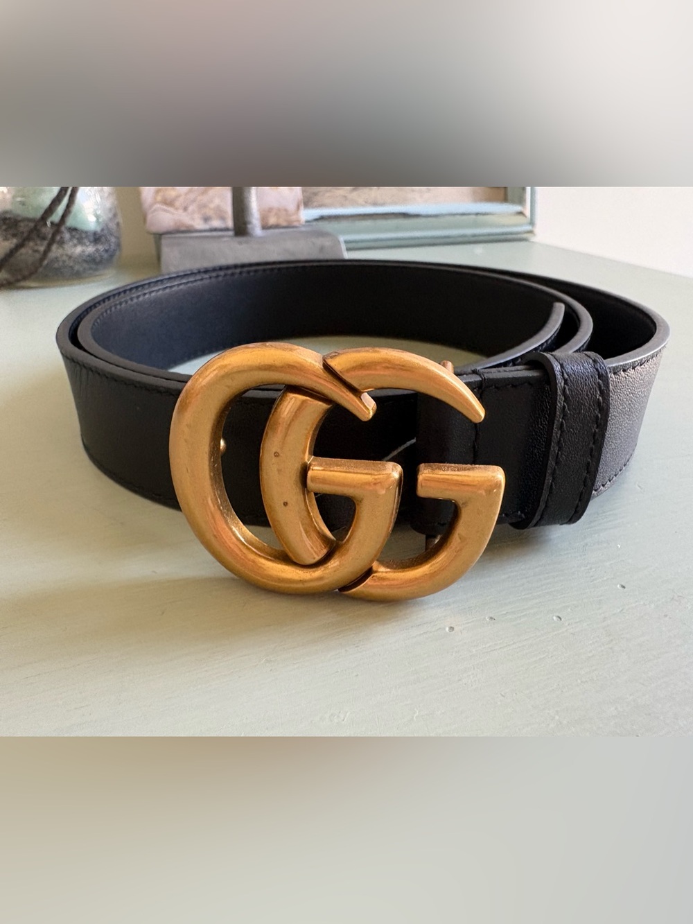 Gucci Marmont Black Leather Belt with Gold Double G Buckle - 85